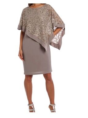 R&M Richards Elegant Taupe Sequin Poncho-Overlay Midi Dress NWT